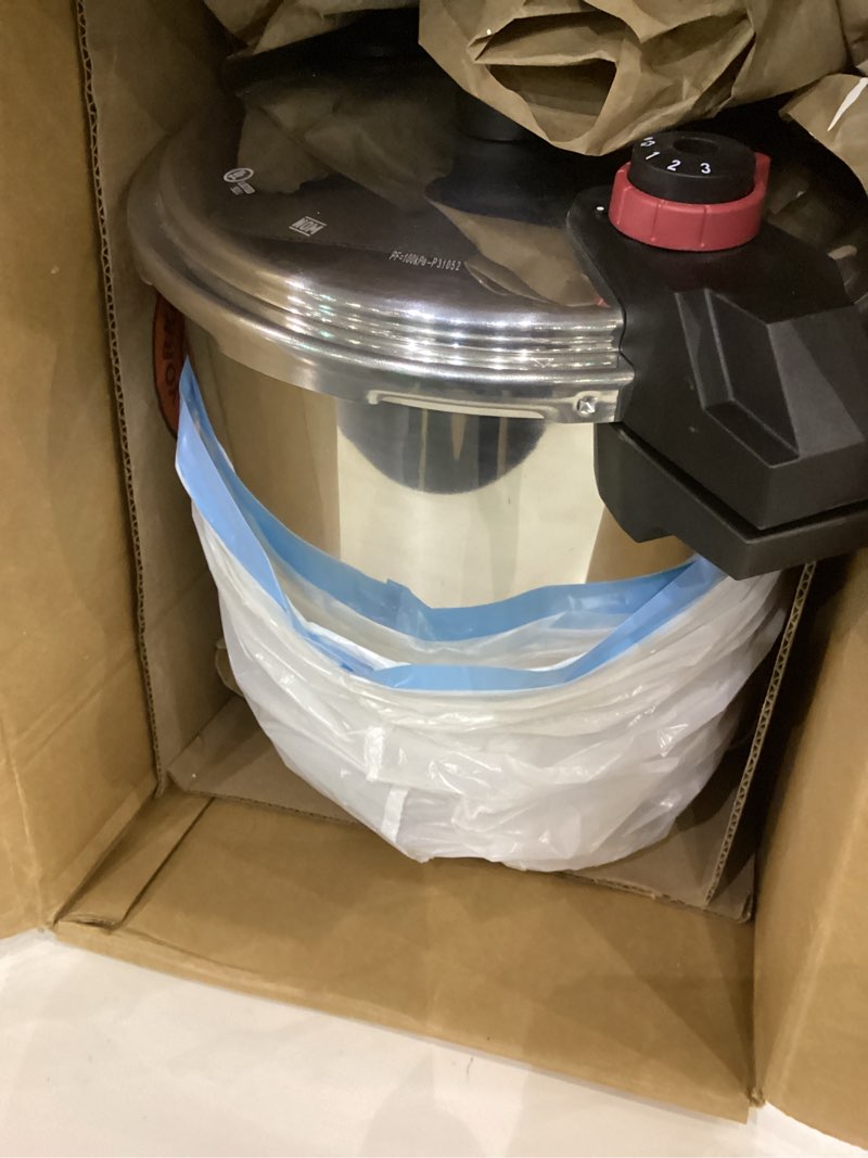 Condition photo showing As Is for T-fal 22-Quart Aluminum Pressure Canner, 3 PSI Settings, Home Canning, Includes Racks & Canning Guide, Large Capacity, Pressure & Water Bath Canning for Vegetables, Meats, Seafood & Fruits, Silver Pressure Canner 22 Quarts