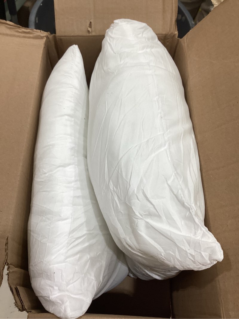 Condition photo showing As Is for OKBA Throw Pillows Insert Set of 2, with 100% Cotton Cover, Bed and Couch - Indoor Hotel Decorative Pillows, 16x16 in White Pillows Inserts 16x16 Inch (Pack of 2) White