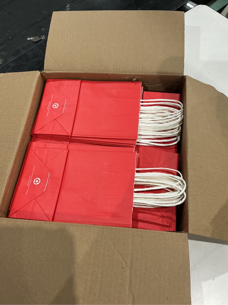 Condition photo showing As Is for bagdream 5.25x3x8 inch 100pcs small gift bags with handles red kraft paper bags bulk for christmas, wedding, party favors, business, retail, grocery paper sacks
