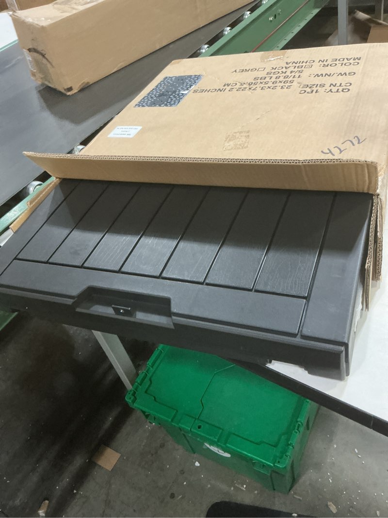 Condition photo showing Good Condition for yitahome 30 gallon deck box outdoor storage box, waterproof resin package delivery and storage box with lockable lid for patio furniture cushions, pool accessories, garden tools, black deck box 30 gallon black