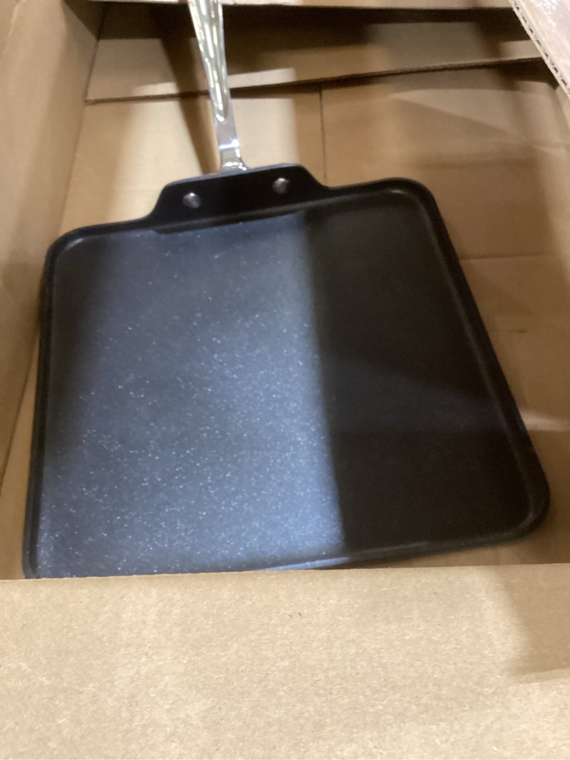 Condition photo showing As Is for All-Clad HA1 Hard Anodized Nonstick Griddle 11x11 Inch Oven Broiler Safe 500F, Lid Safe 350F Pots and Pans, Cookware Black 11" x 11" (Single Burner)