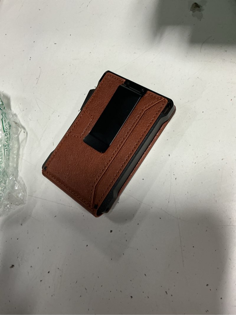 Condition photo showing Good Condition for wallet for men rfid wallet with 2 id windows & money clip, slim pop up card holder for 10-12 cards, bifold minimalist smart wallet for front pocket, compact metal credit card holder, gifts for men redbrown