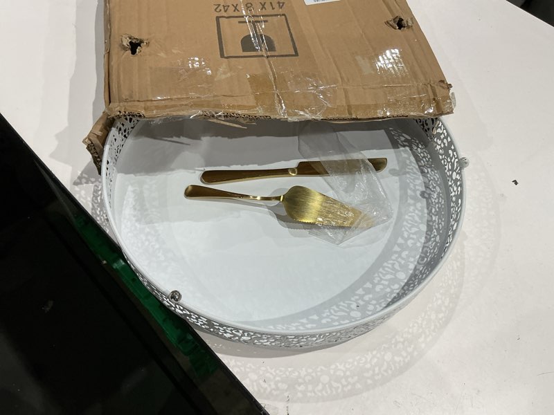 Condition photo showing Good Condition for mtjyqtf white cake stand set - 16 in metal round cupcake dessert stand with cake cutting & cake spatula for party, candy table display for wedding birthday baby shower cs003-16pan-white 16in-white-1 pcs