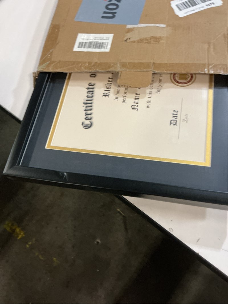 Condition photo showing As Is for elsker&home 11x17 diploma frames with tassel holder for 8.5x11 certificate document shadow box, matte black frame, degree double mat, black with gold rim black 11x17 diploma frame with tassel