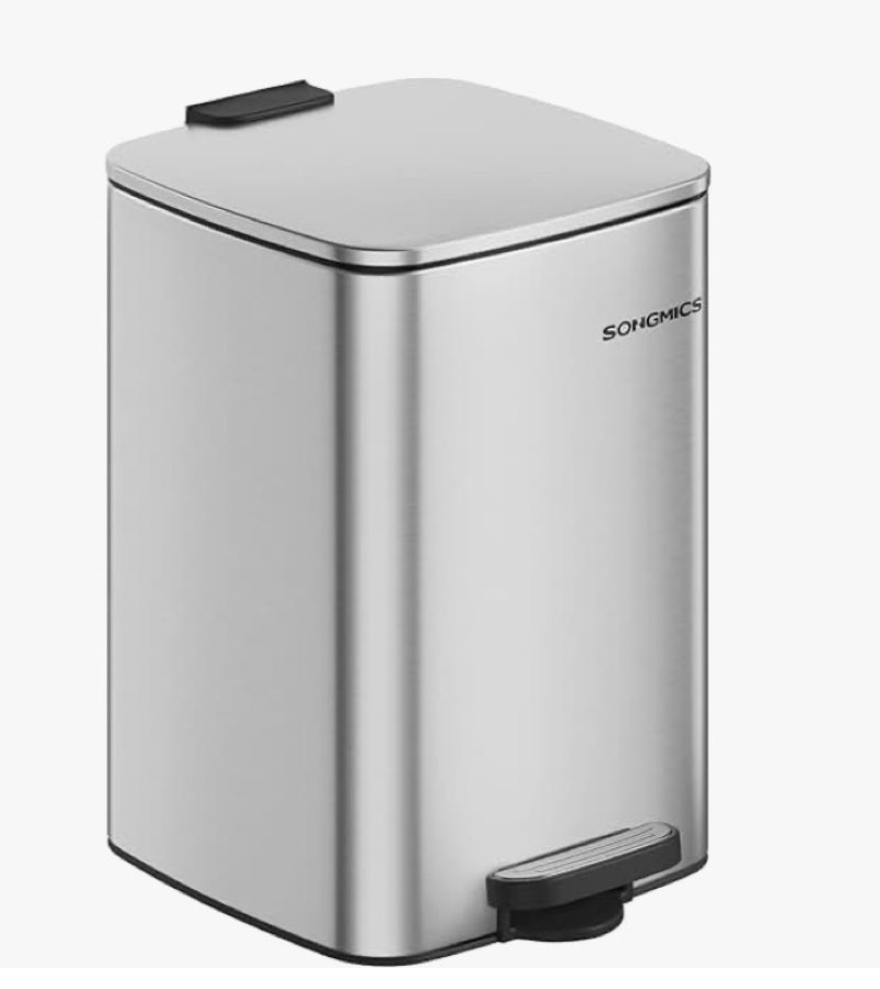 songmics trash can, garbage can with lid, 5.2-gallon (20l) step trash bin for kitchen, stainless ste