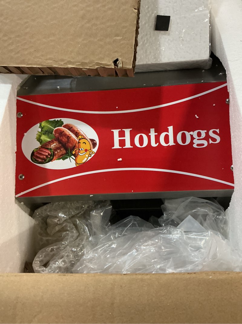 Condition photo showing As Is for 29 qt hot dog steamer with bun warmer - electric steaming machine 2-tier capacity for 175 hot dogs & 40 buns, visible glass slide doors for commercial home use