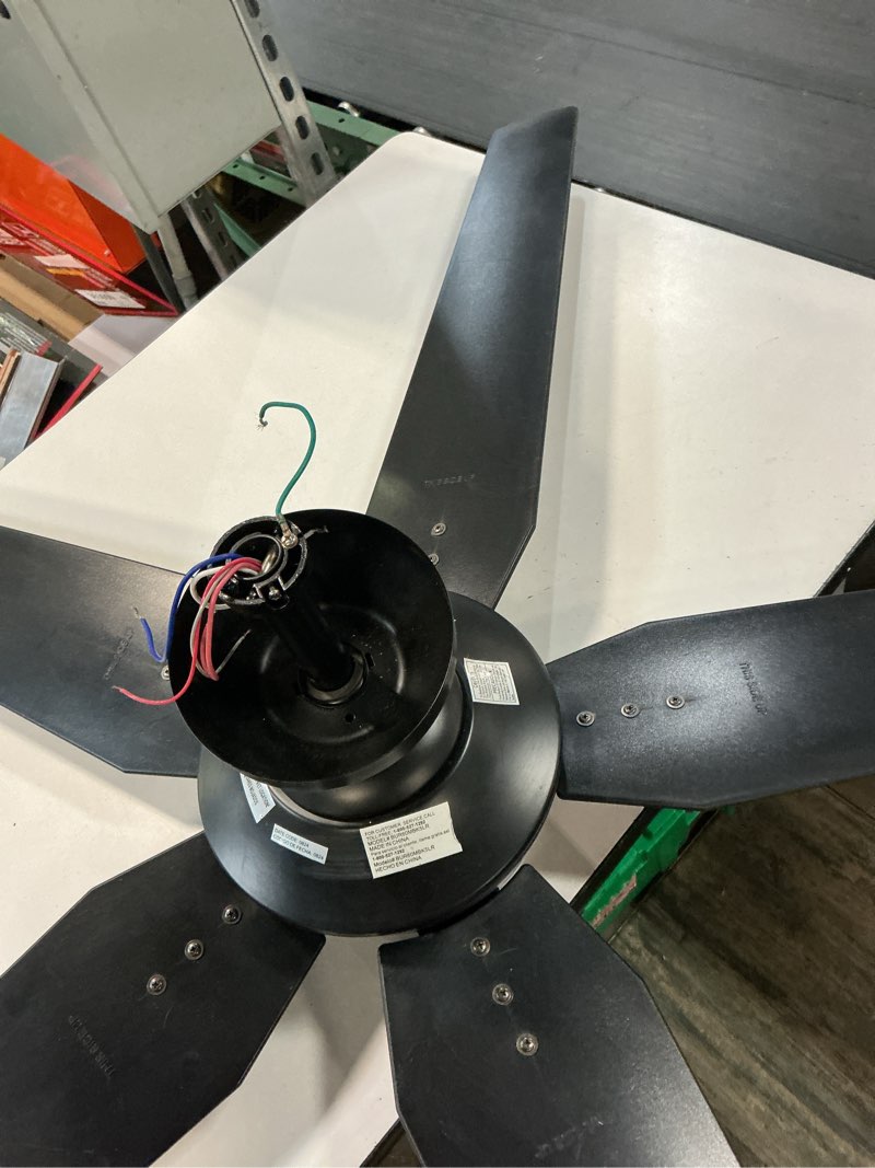 Condition photo showing As Is for globe electric colossus 5 blade 60-in matte black with led covered outdoor ceiling fan with light