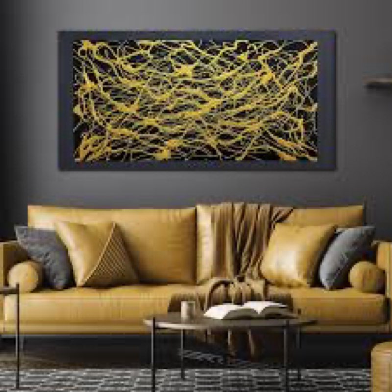 HUBOSKN Abstract Canvas Hand Painted Wall Art for Living Room - Black and Gold Painting Wall Art for