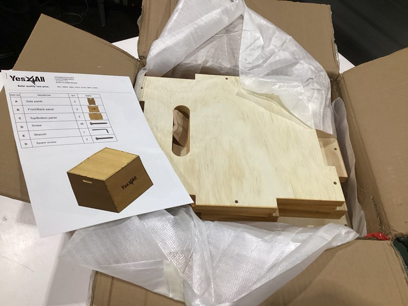 Condition photo showing Good Condition for yes4all plyo box, 3-in-1 wooden box jumps for home gym, 450 lbs boxes step up with smooth edges & wide built-in handles for jumping, strength training, lunges, squats, dips a. wood basic 16" x 14" x 12"