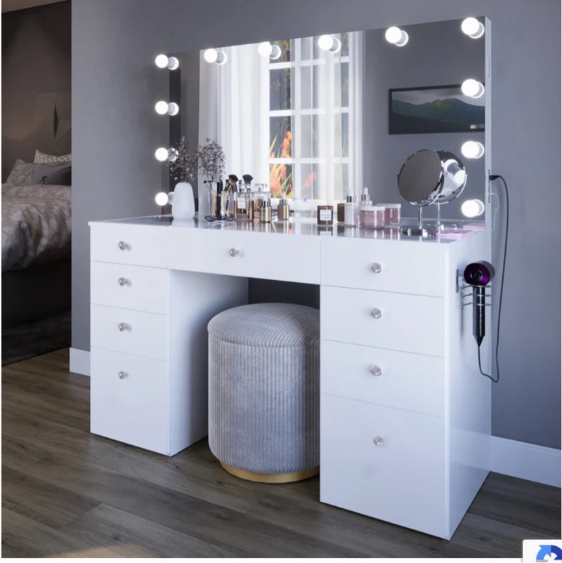 (Incomplete box 2 of 3) Boahaus Leonore Lighted Vanity Table with Glass Top | Premium Design
