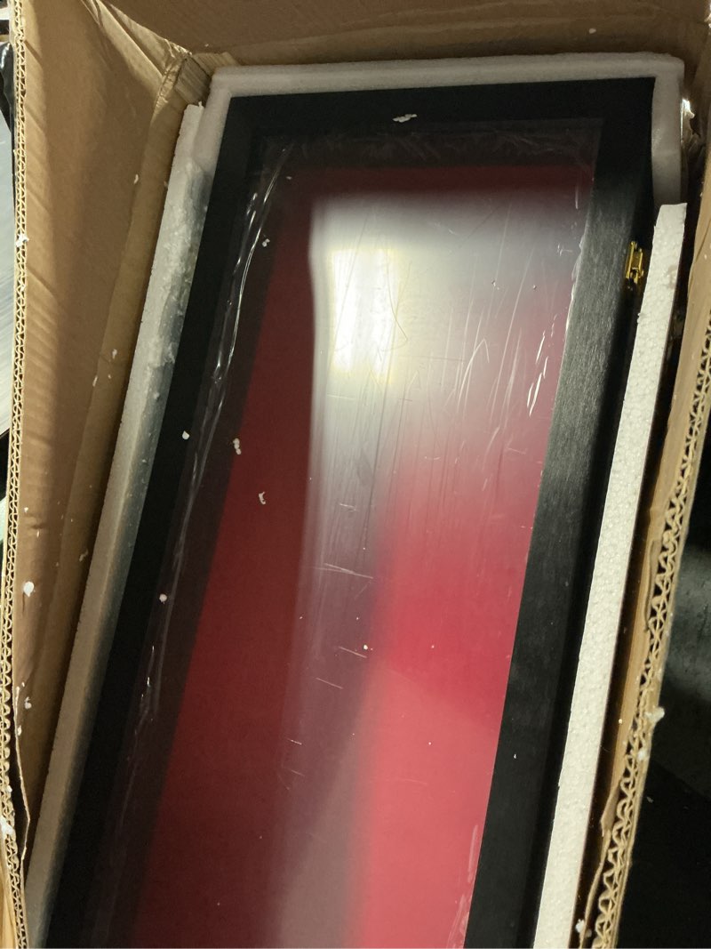 Condition photo showing As Is for 54" Wrestling Championship Belt Display Case Championship Wrestling Belt Wall Mount Wooden Display Case Cabinet W/98% UV Acrylic Door Lockable Box for Christmas Collectors Gift Black Finish 50-60 Inch Championship Belt
