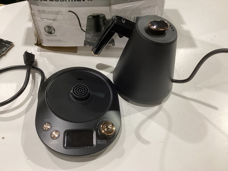 Condition photo showing New/Like New for Elite Gourmet EKT3001 1L Digital Water Kettle, 304 Stainless Steel Interior, Programmed Temperatures, Keep Warm Function, Cordless, 360° Base, Auto Off & Audible Indicator, Matte Black Copper, NOT TESTED