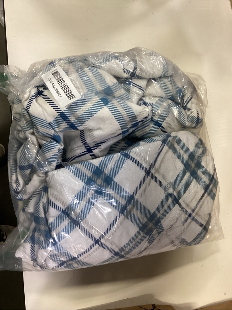 Condition photo showing As Is for Comfort Spaces Cotton Flannel Breathable Warm Deep Pocket Sheets With Pillow Case Bedding, Twin, Plaid Blue, 3 Piece