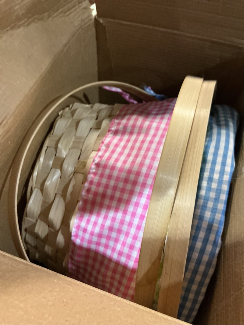 Condition photo showing New/Like New for joyin 3 pcs easter bamboo baskets with plaid lining and handle and 3 colors grass paper shreds for easter egg hunt, kids party treats, filling with party favors (blue, pink, green)