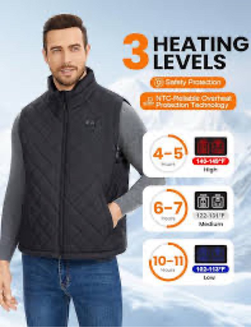 FrostVoyage Men's Heated Vest with 18400mah Battery Pack, 10 Heating Zones, Dual Control, Lightweigh size xl