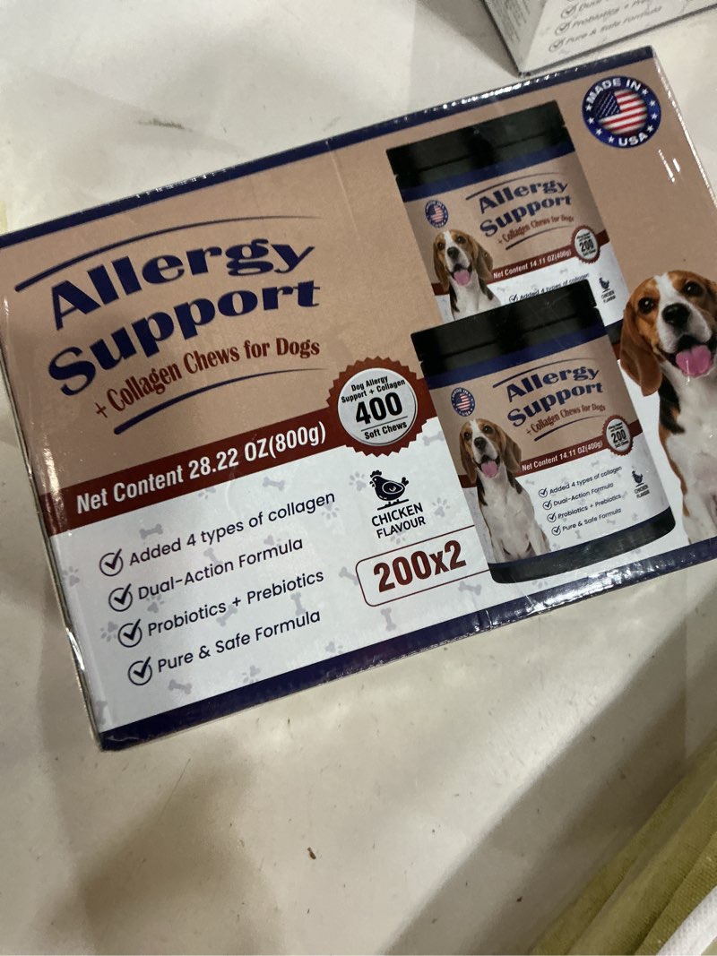 Condition photo showing New/Like New for ((it has no expiration  date ))pet allergy relief chews 400pcs with natural collagen drops dual formula for itch relief skin joint health coat care infused with colostrum probiotics tasty bites for all dogs cats daily consumption