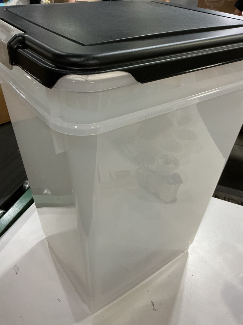 Condition photo showing As Is for iris usa airtight dog food storage container, up to 54 lbs, attachable wheels, for dog cat bird and other pet food storage bin, keep fresh, translucent body, easy mobility, 2 pack, black 54 lbs - 2 pack black