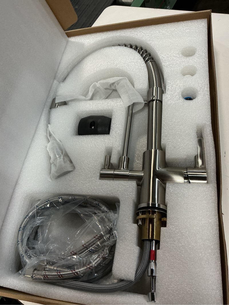 Condition photo showing Good Condition for 3-in-1 Brushed Nickel Kitchen Sink Faucet with Pull-Out Sprayer | Reverse Osmosis & Water Filter Compatible | Solid Brass Spring Drinking Water,Dual Handle RO Faucet for Sink (Brushed Nickel)