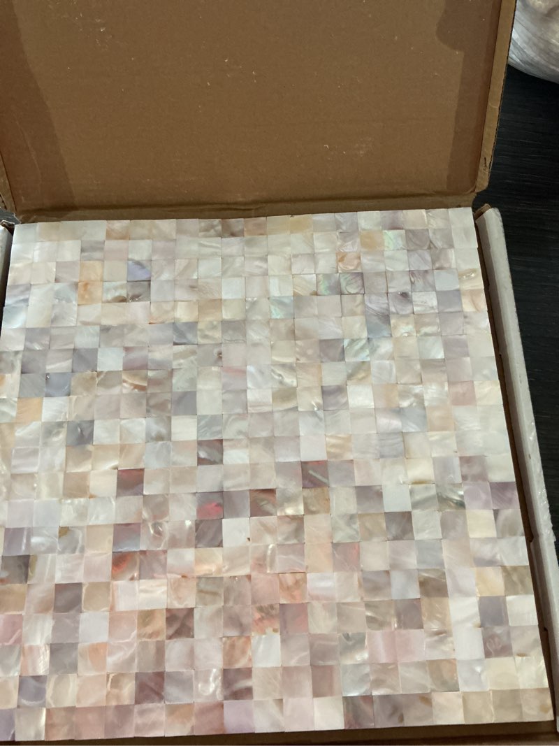 Condition photo showing As Is for yew & tulip mother of pearl peel and stick tile backsplash for kitchen, 12” x 12” small grid seamless adhesive mosaic wall tile (natural white mini, 5 sheets) 5 natural white mini