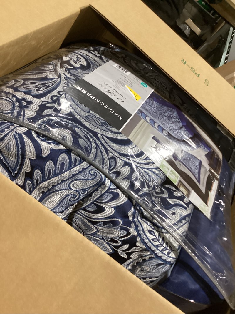 Condition photo showing Good Condition for madison park aubrey cozy comforter set, faux silk jacquard paisley design - all season down alternative bedding with cotton bed sheets, bed skirt & toss pillows, king navy 12 piece navy biab 12pcs king comforter set