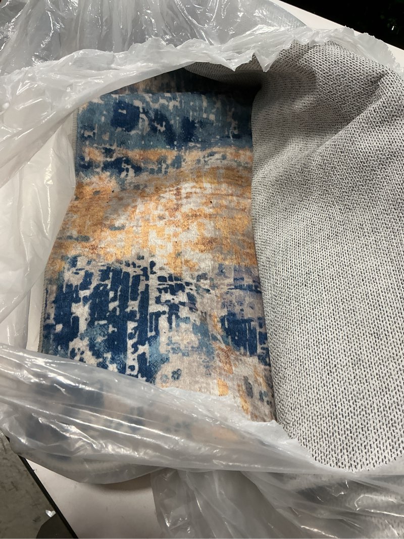 Condition photo showing As Is for Morebes Modern Abstract 3x5 Area Rug, Blue Washable Rugs for Bedroom Non Slip Living Room Rug, Soft Low Pile Stain Resistant Carpet for Entryway Kitchen Bath Office 3' x 5' (Rectangular) Blue/Multi