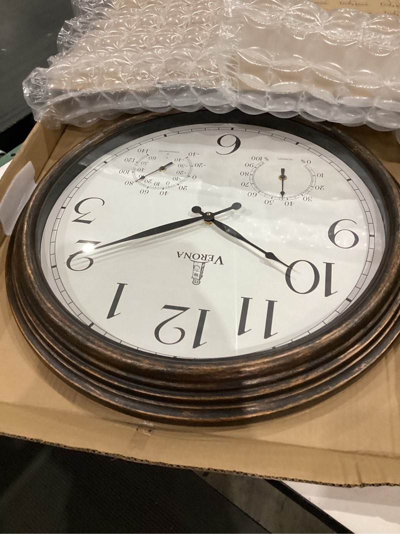 Condition photo showing Good Condition for outdoor clocks for patio large waterproof with thermometer - 24 inch indoor outdoor wall clock with temperature and humidity combo - weatherproof, accurate & easy to read for pool, garden & home decor bronze 24 inch