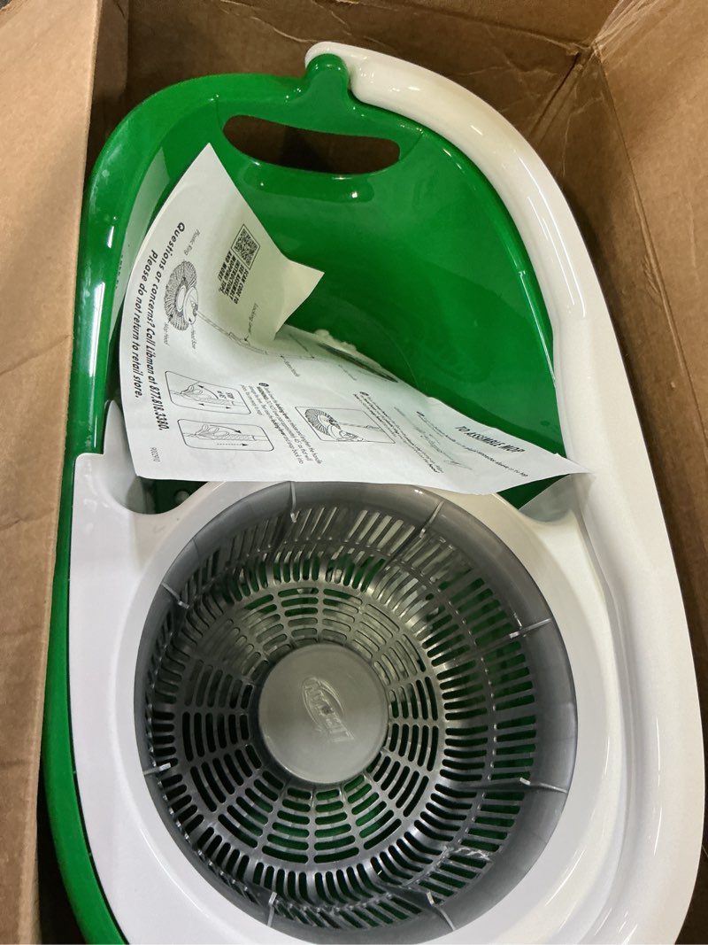 Condition photo showing New/Like New for libman tornado spin mop system and 1 refill, mop and bucket with wringer set for hardwood floor cleaning, 2 total heads included spin mop plus 1 refill