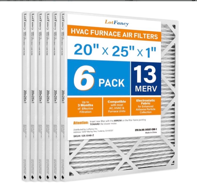 lotfancy 20x25x1 air filter merv 13 pet smoke smog allergens defense (6-pack) pleated hvac furnace a