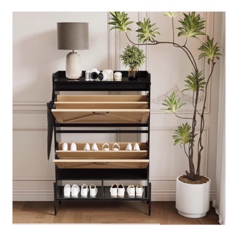 GarveeTech Farmhouse Shoe Cabinet with 2 Flip Drawers, Narrow Slim Freestanding Shoe Organizer with 