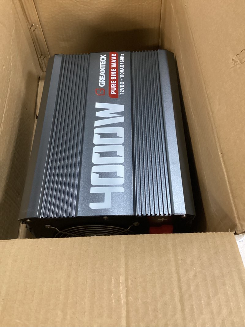 Condition photo showing As Is for 4000 watt pure sine wave power inverter 12v dc to 110 / 120v ac with 4 ac sockets, type-c port, dual usb ports, ac terminal blocks, lcd display, remote control for home solar system emergency grey 4000w