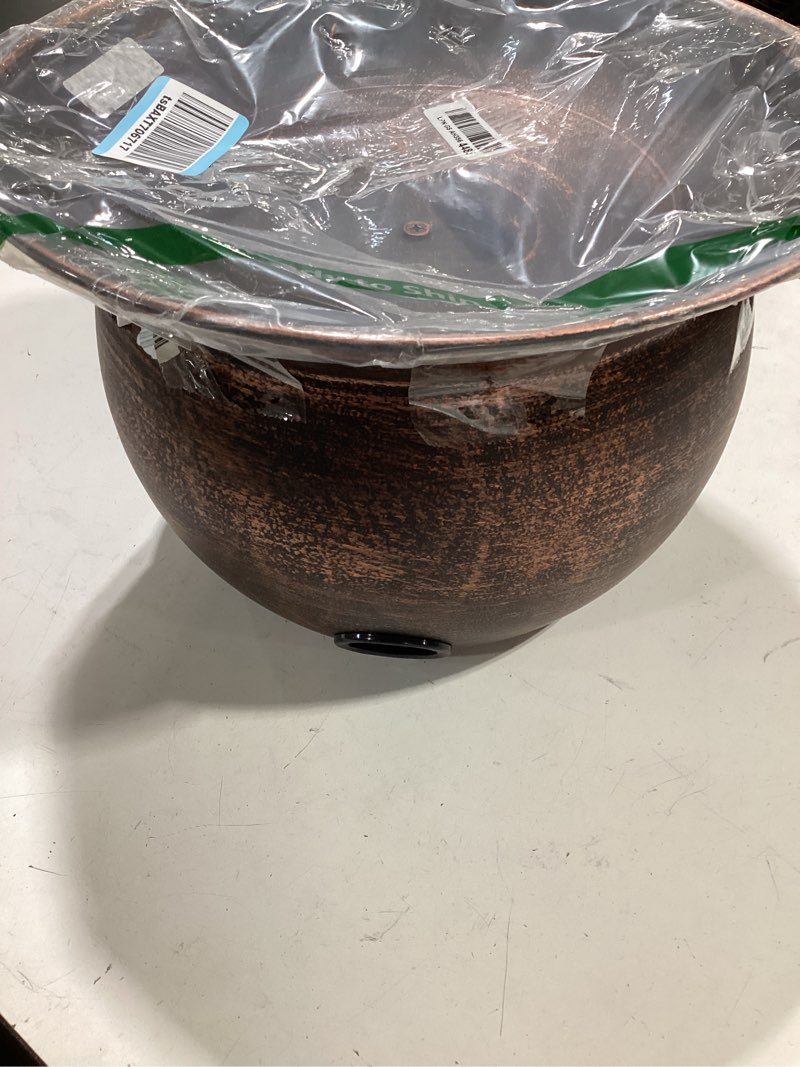 Condition photo showing Good Condition for metal garden hose storage pot, vintage copper finish hose holder with lid, heavy-duty outdoor water hose container for patio/yard/lawn decor