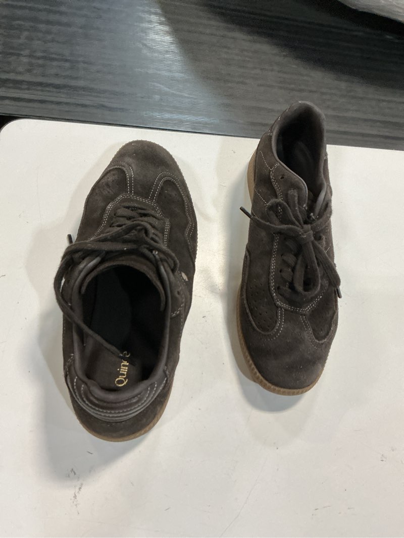 Condition photo showing As Is for italian suede gum sole sneaker size 8 coffee bean