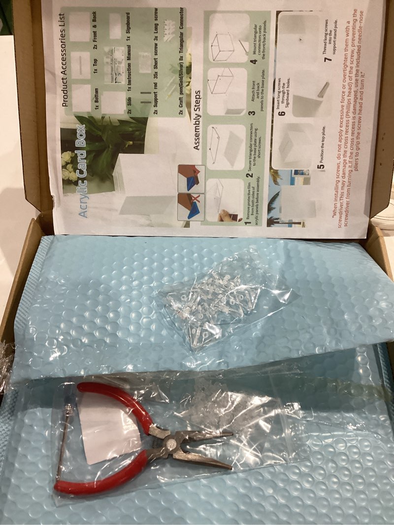 Condition photo showing Good Condition for item similar ))))))acrylic wedding card box with slot top, detachable diy card box for wedding reception, corner brackets & screws included, acrylic table sign holder included white (10” x 8” x 10”)