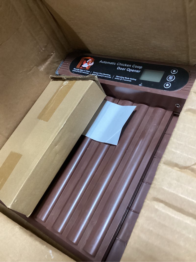 Condition photo showing As Is for automatic chicken coop door solar powered, extra large size, anti-pinch design, battery powered auto chicken door with timer & light sensor, solar chiken coop door with remote control (50-100m) 13.8"l x 16.8"h, brown