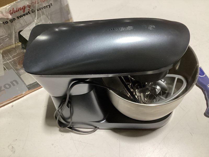 Condition photo showing As Is for Gourmia 5 Quart Digital Electric Stand Mixer with Attachments, Bowl Shield, Dough Hook, Whisk and Beater - LED Display Timer - 10 Speed Kitchen Countertop Dough Maker Machine for Bread, Cake, Cookies