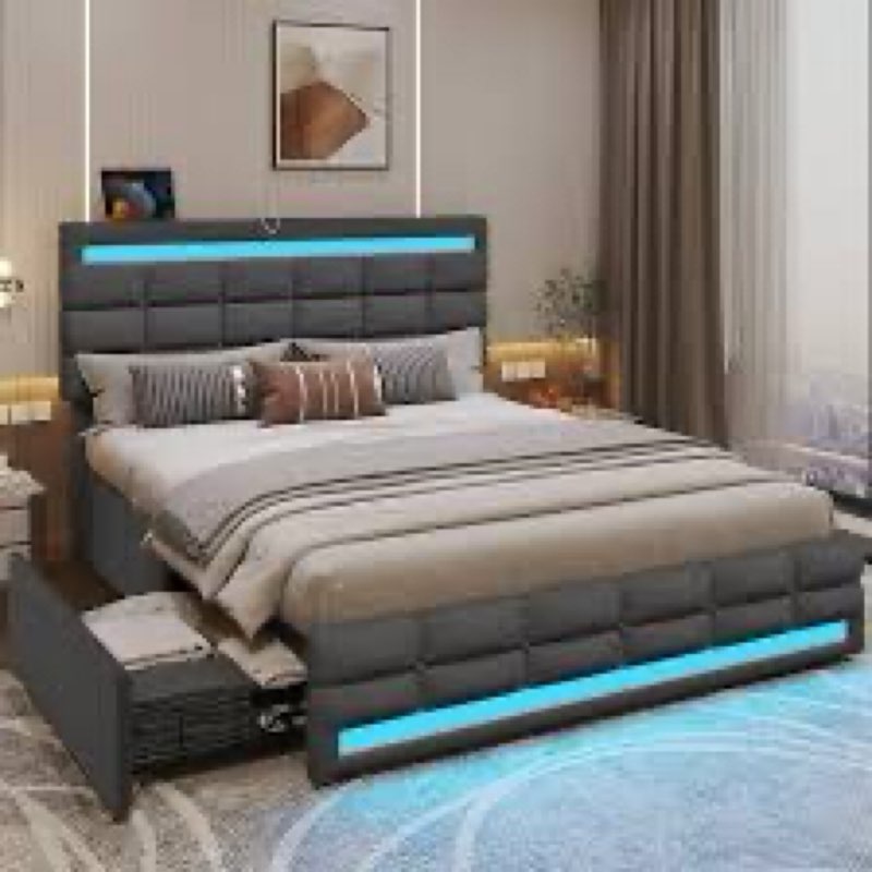 Modern Upholstered Platform Bed Frame with Headboard, LED Lights & USB Charging Station