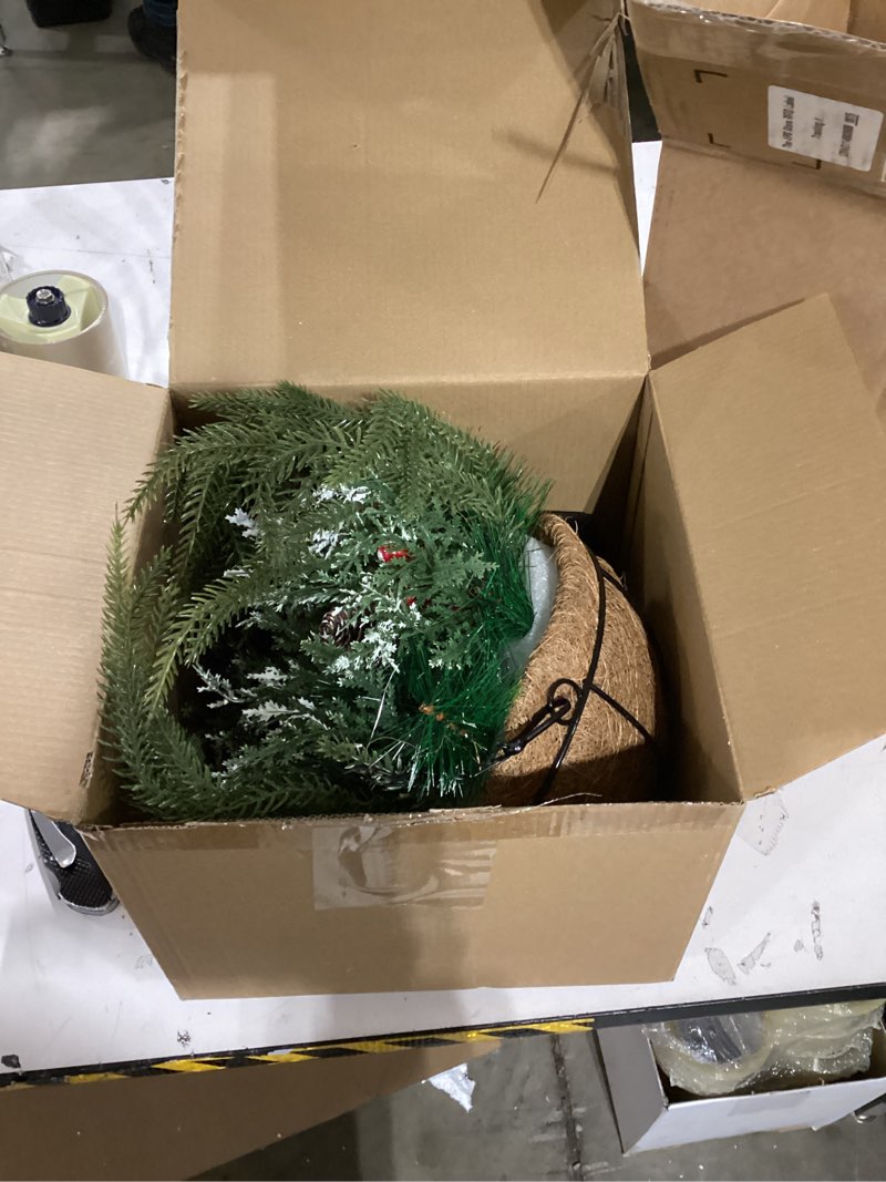 Condition photo showing Good Condition for DR.DUDU Christmas Decorations Hanging Baskets, 18" Artificial Basket with Lights Timer for Outdoor Porch with Norfolk Pine Cones Berry Clusters Holiday Winter Xmas Decor for Home Front Door Yard