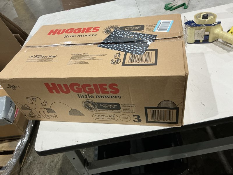 Condition photo showing New/Like New for huggies size 3 diapers, little movers baby diapers, size 3 (16-28 lbs), 168 count (6 packs of 28), packaging may vary