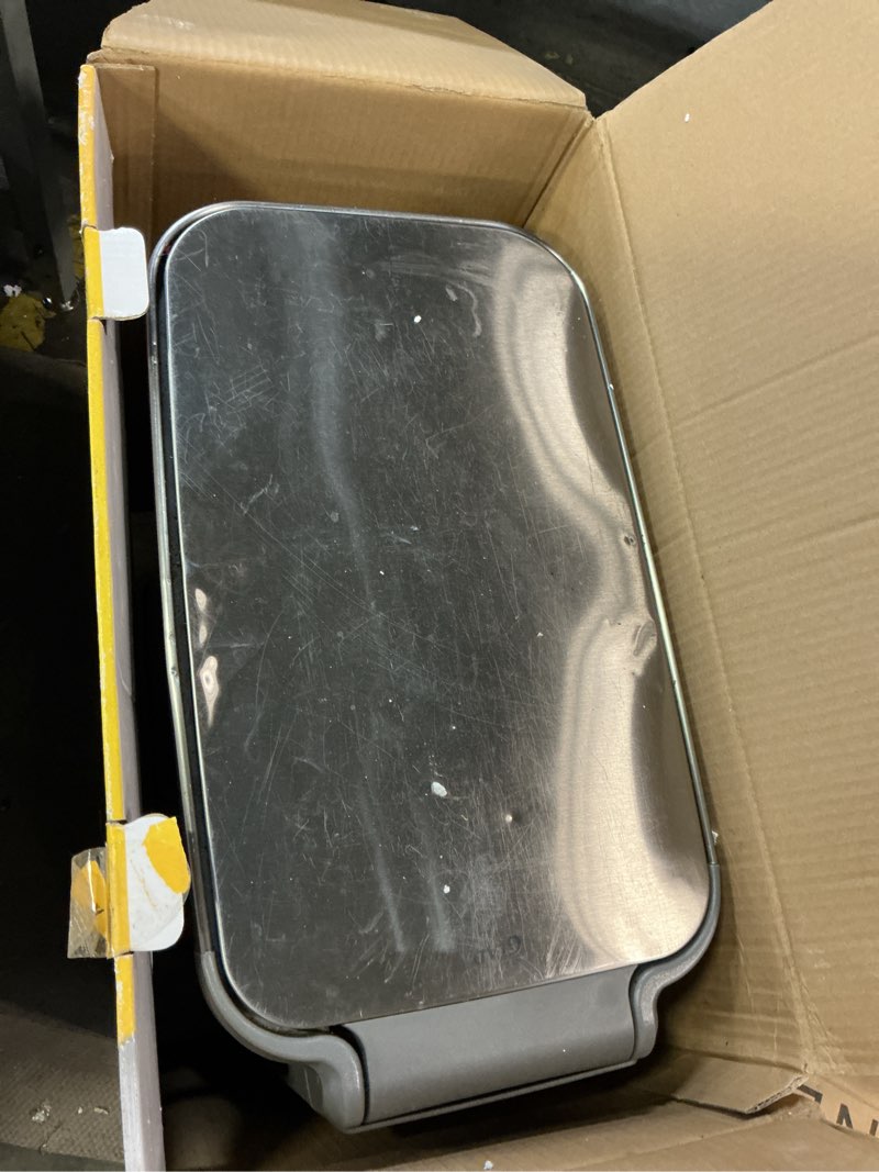Condition photo showing As Is for glad slim trash can with clorox odor protection - narrow kitchen garbage bin with soft close lid, step on foot pedal and waste bag roll holder, all stainless, 12 gallon/45 liter