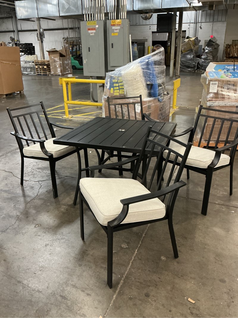 Condition photo showing Good Condition for style selections ashton 5 -piece black patio dining set steel square table with 4 stationary chairs 