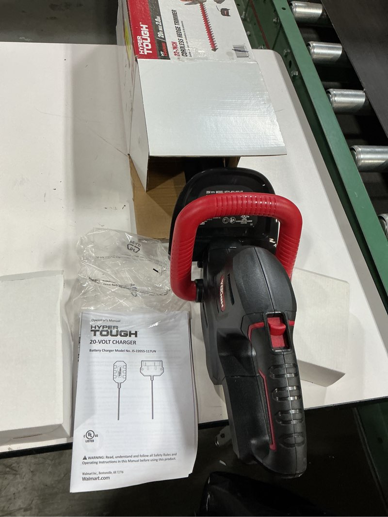 Condition photo showing New/Like New for hyper tough 20v max 22-inch cordless battery powered hedge trimmer, ht21-401-003-07