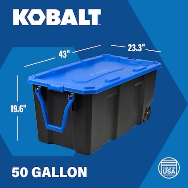 kobalt x-large 50 -gallons ( 200 -quarts ) black heavy duty rolling stackable tote with latching lid