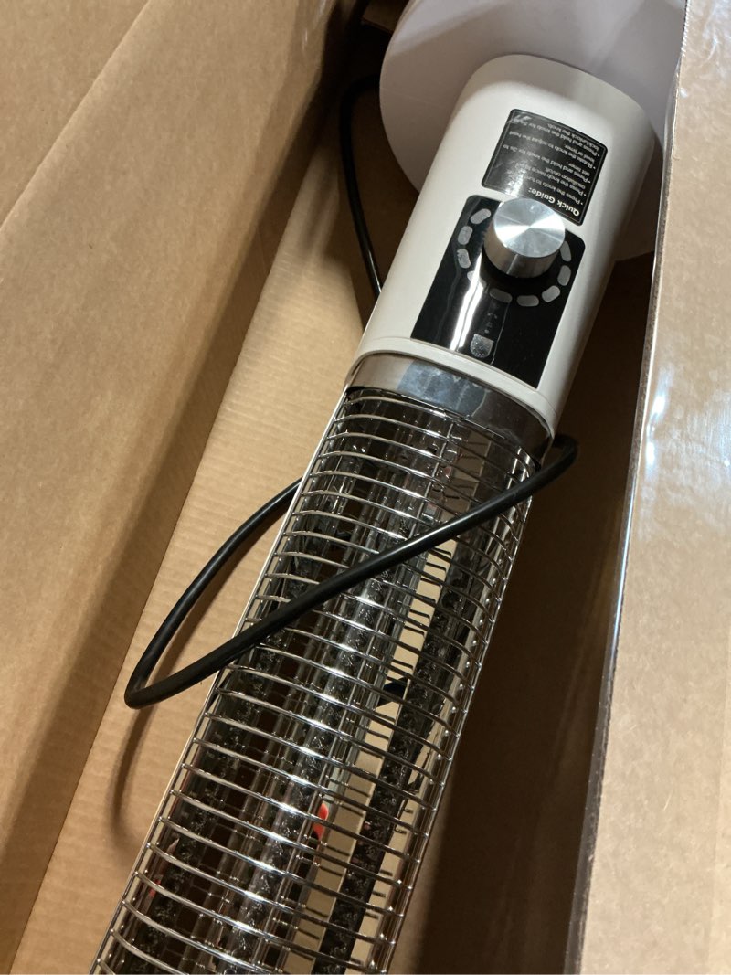 Condition photo showing As Is for patio heater for outdoor use, infrared electric outdoor heater, 1500w instant heating, 60-degree oscillation, 9 heat levels, 9h timer, remote, for garage, backyard, large room, indoor, 32.2", snow snow 32.2"