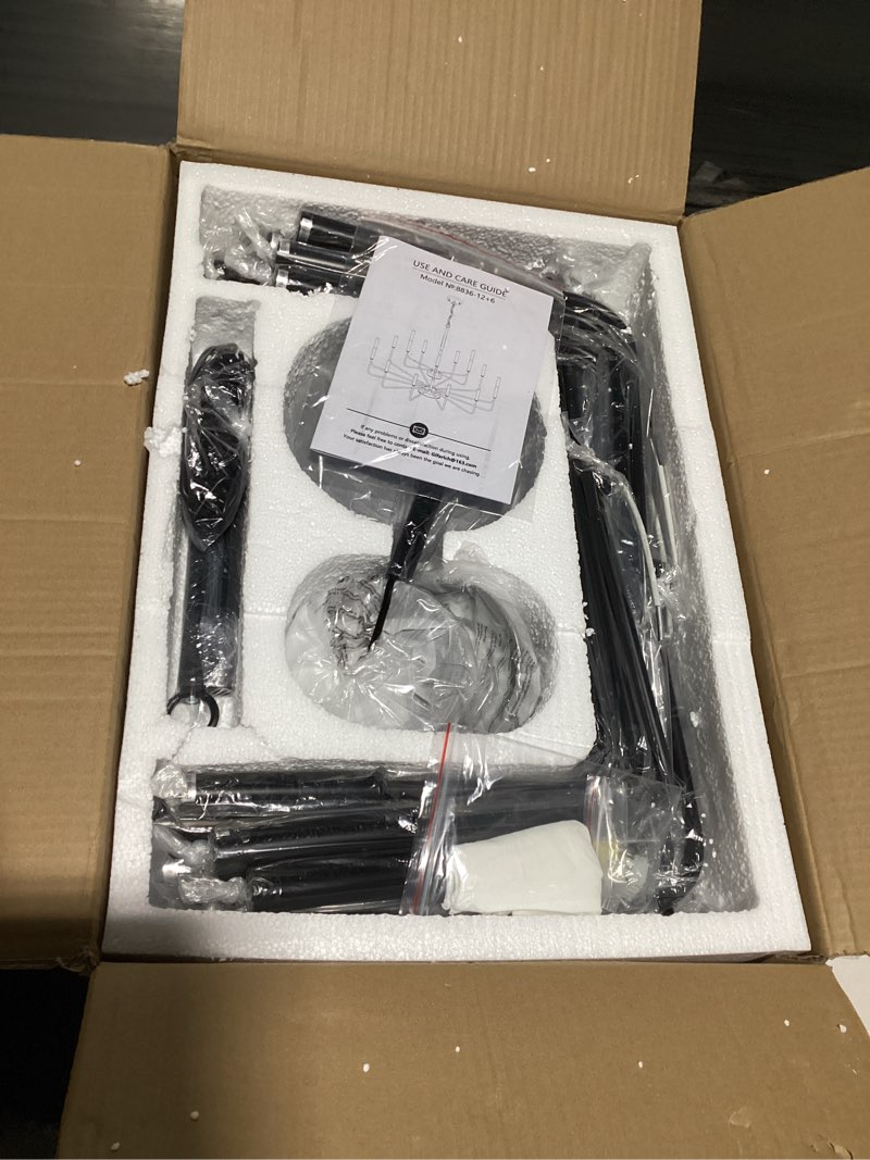Condition photo showing Good Condition for Black Chandeliers for Dining Room Light Fixture Over Table, Modern Farmhouse Chandeliers for Living Room,18-Lights Industrial Metal 2-Tier Candle Lighting Fixtures for Entryway Kitchen Island Foyer Black 18 - Lights