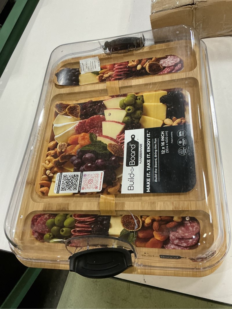 Condition photo showing As Is for farberware build-a-board cutting board with three compartments and clear locking lid for charcuterie, snacks, and more, acacia black/acacia 3 compartments