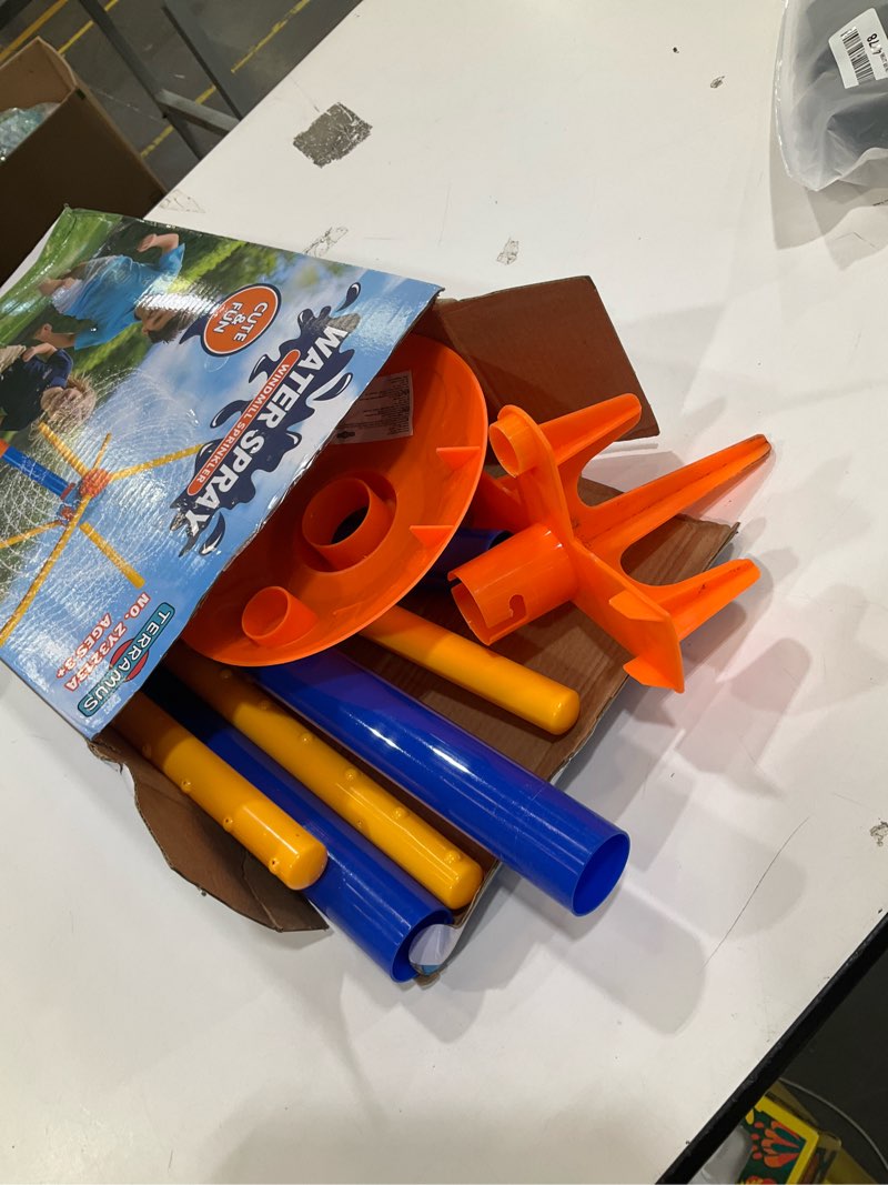Condition photo showing Good Condition for terramus 59" windmill water sprinkler for kids summer toys, 360° spinning splash water toy, upgraded double sided with 6 blades, outdoor backyard games summer fun for boys girls dogs & garden watering