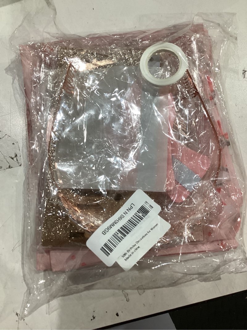 Condition photo showing Good Condition for 50th Birthday Decorations for Women, 50th Rose Gold Birthday Party Supplies, 50 Years Celebration Kit Including Backdrop, Crown, Sash, banner, Hanging Swirl,Balloons,Paper Fans for Her