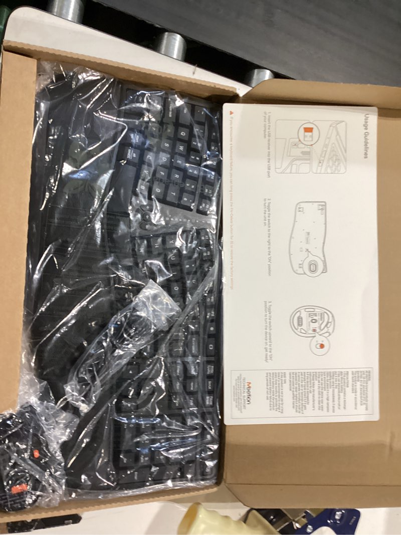 Condition photo showing Good Condition for meetion ergonomic keyboard and mouse, wireless keyboard with vertical mouse, split curved keyboard with wrist rest, natural typing usb receiver rechargeable full size, windows/mac/pc/laptop, large large black
