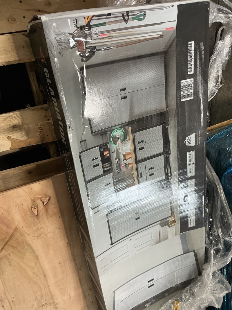 Condition photo showing As Is for gladiator ready-to-assemble steel freestanding garage cabinet in silver tread (36 in. w x 72 in. h x 18 in. d)