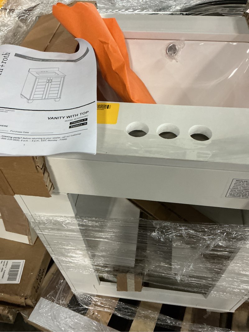 Condition photo showing As Is for questions & answers for allen + roth rigsby 24-in white undermount single sink bathroom vanity with white engineered marble top (fully assembled